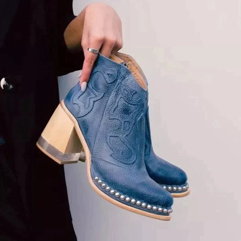 Leren Laarzen Geborduurd Patroon Hoge Hak Maat Keuze