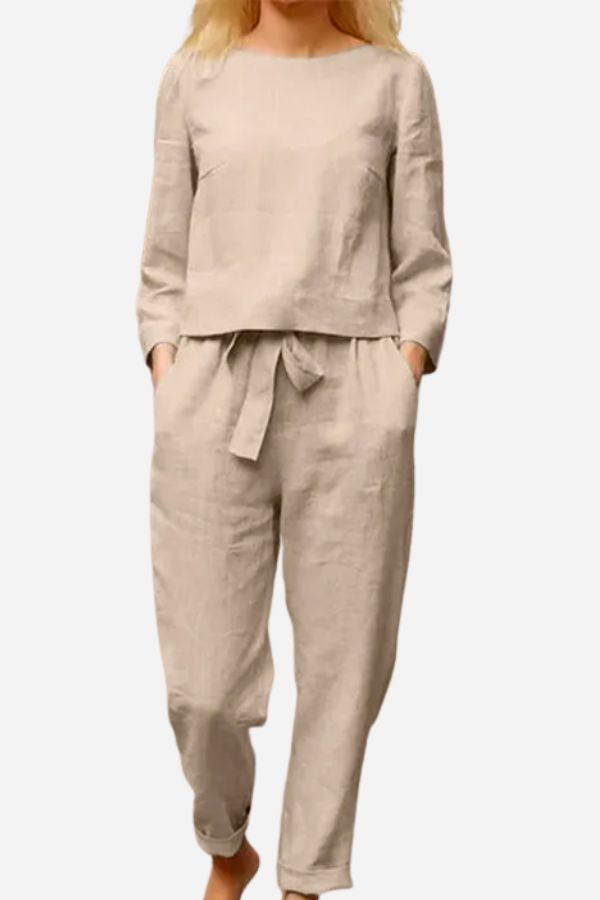 Dames 2-delige Set Linnen Lange Mouwen Shirt en Pencil Broek 0