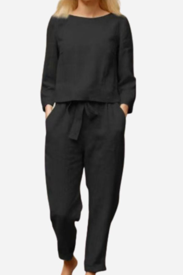 Dames 2-delige Set Linnen Lange Mouwen Shirt en Pencil Broek 10