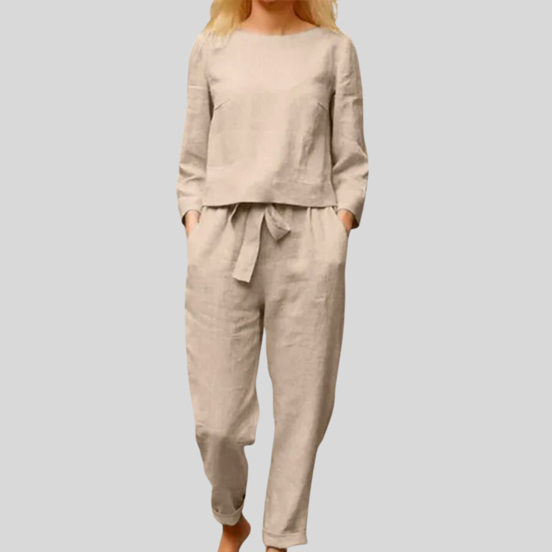 Dames 2-delige Set Linnen Lange Mouwen Shirt en Pencil Broek 3