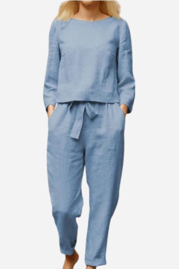 Dames 2-delige Set Linnen Lange Mouwen Shirt en Pencil Broek 6