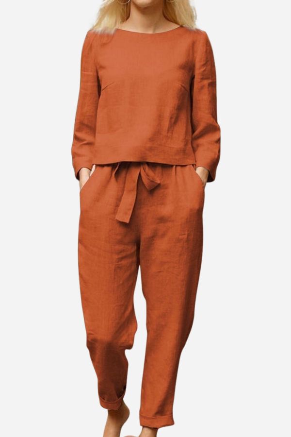 Dames 2-delige Set Linnen Lange Mouwen Shirt en Pencil Broek 7