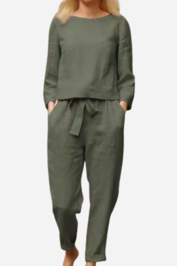 Dames 2-delige Set Linnen Lange Mouwen Shirt en Pencil Broek 8