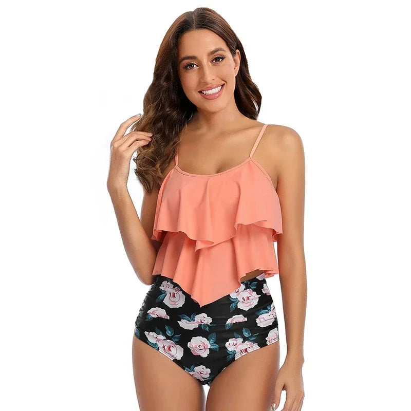 Dames Bikini Set Polyester Ruffled Top met Volledige Dekking 0