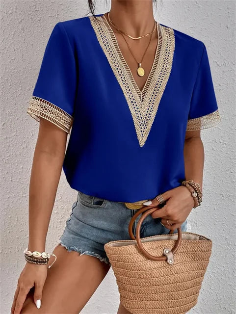 Dames Blouse Korte Mouwen Kant V-Hals 2