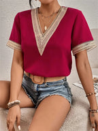 Dames Blouse Korte Mouwen Kant V-Hals 4