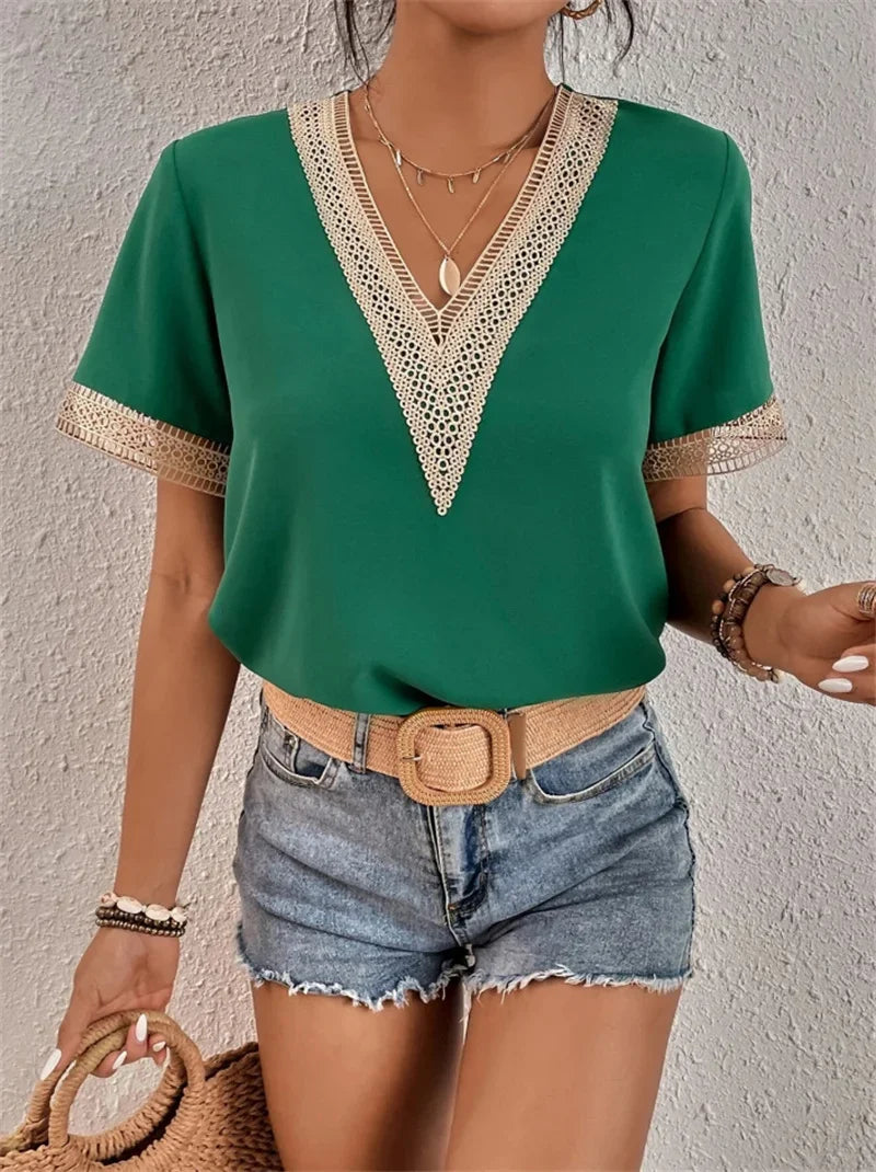 Dames Blouse Korte Mouwen Kant V-Hals 5