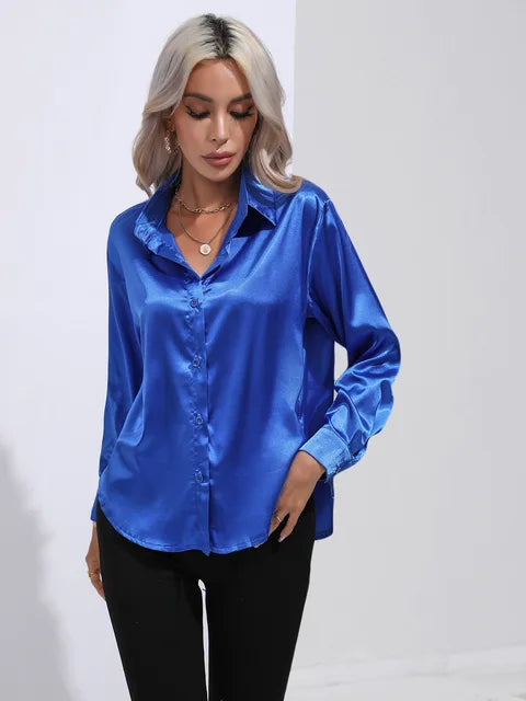 Dames Blouse Lange Mouwen Satijn Losse Pasvorm 0
