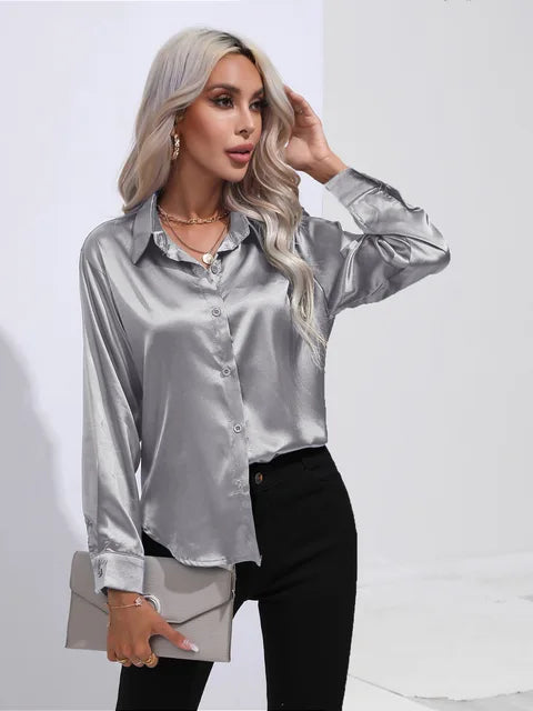 Dames Blouse Lange Mouwen Satijn Losse Pasvorm 1