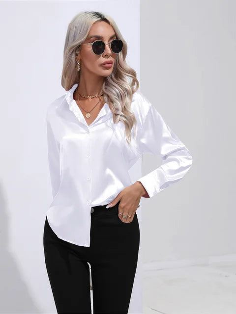 Dames Blouse Lange Mouwen Satijn Losse Pasvorm 11