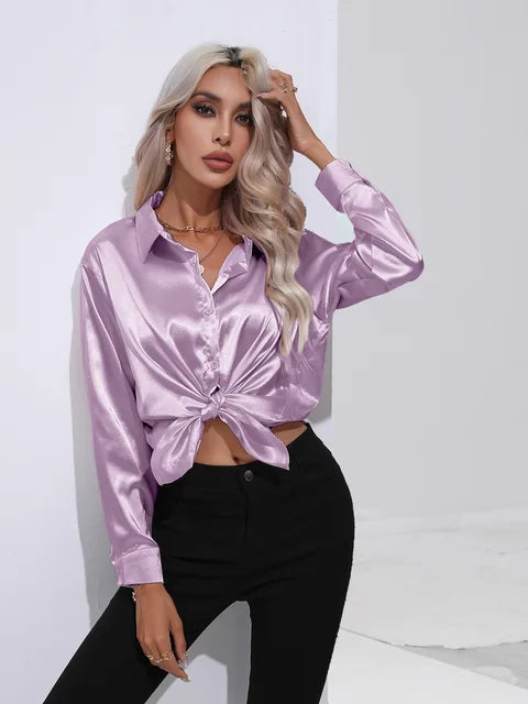 Dames Blouse Lange Mouwen Satijn Losse Pasvorm 12