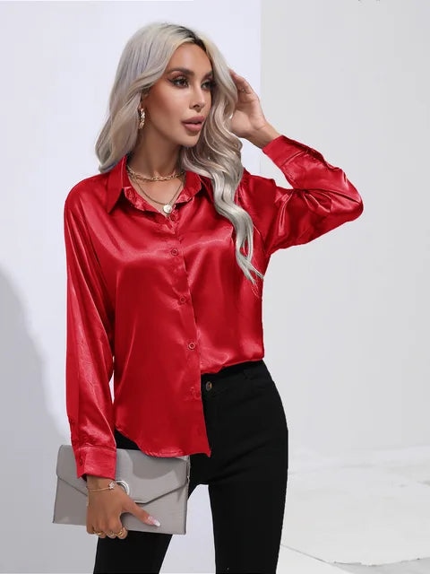 Dames Blouse Lange Mouwen Satijn Losse Pasvorm 14