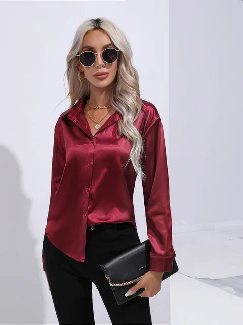 Dames Blouse Lange Mouwen Satijn Losse Pasvorm 15