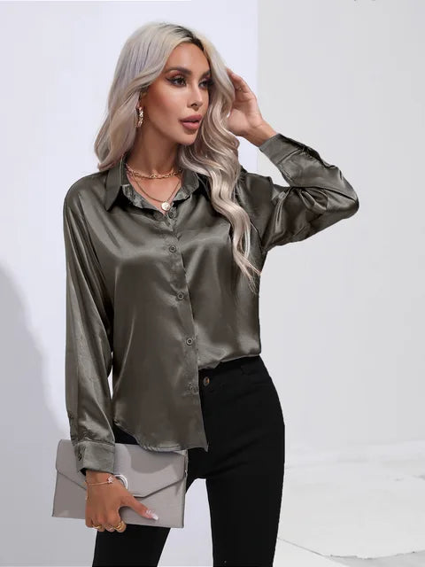Dames Blouse Lange Mouwen Satijn Losse Pasvorm 4
