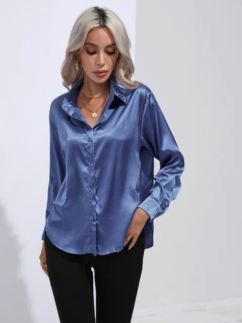 Dames Blouse Lange Mouwen Satijn Losse Pasvorm 6