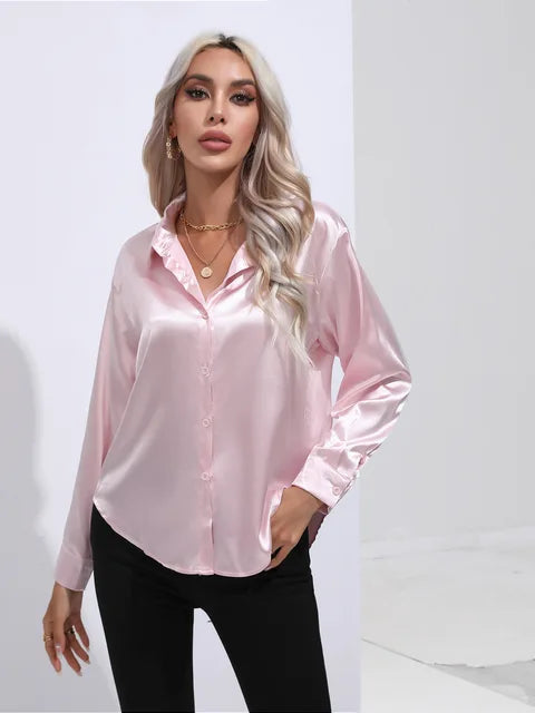 Dames Blouse Lange Mouwen Satijn Losse Pasvorm 7