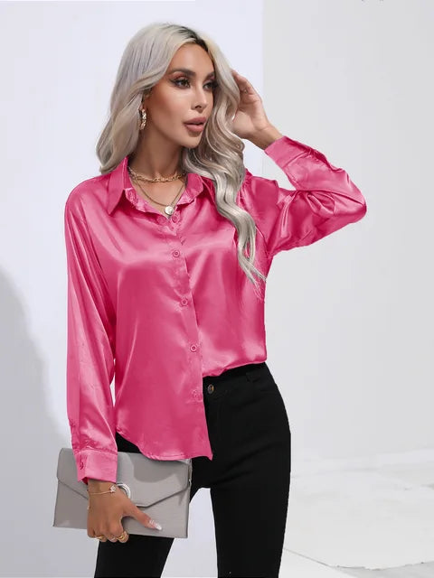 Dames Blouse Lange Mouwen Satijn Losse Pasvorm 9