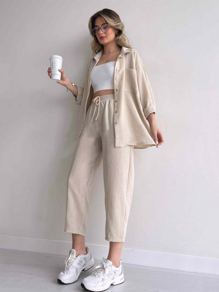 Dames Co Ord Set Katoen Oversized Shirt en Wijde Broek Zomer 0