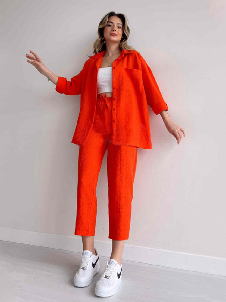 Dames Co Ord Set Katoen Oversized Shirt en Wijde Broek Zomer 1