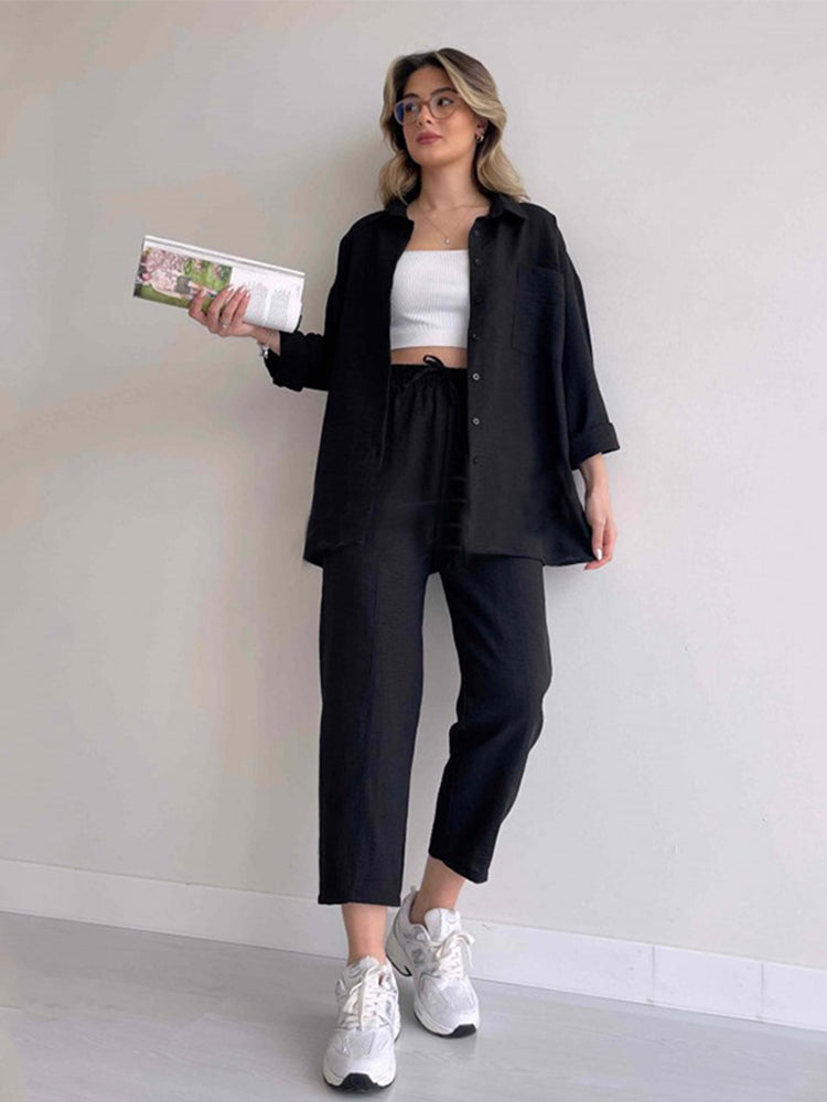 Dames Co Ord Set Katoen Oversized Shirt en Wijde Broek Zomer 2