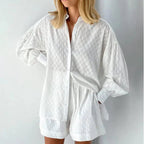 Dames Co Ord Set Katoen Zomer - Button-Up Shirt & Hoge Taille Shorts 0