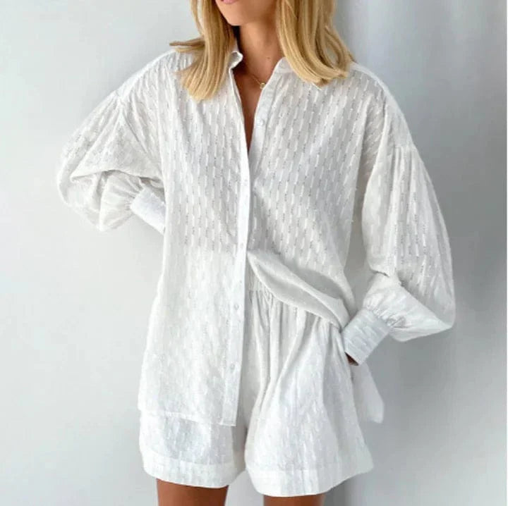 Dames Co Ord Set Katoen Zomer - Button-Up Shirt & Hoge Taille Shorts 0