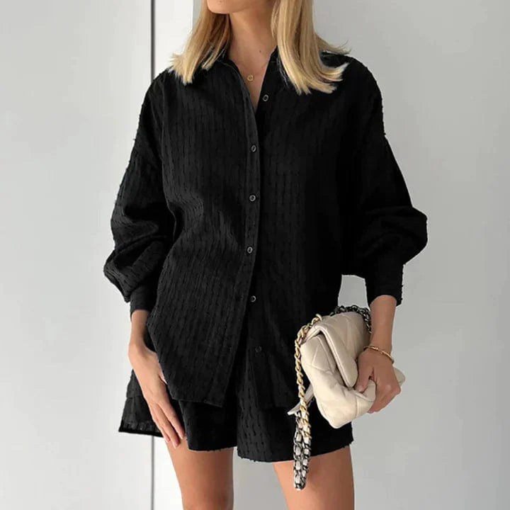 Dames Co Ord Set Katoen Zomer - Button-Up Shirt & Hoge Taille Shorts 1