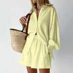 Dames Co Ord Set Katoen Zomer - Button-Up Shirt & Hoge Taille Shorts 2