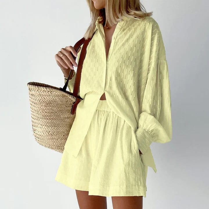 Dames Co Ord Set Katoen Zomer - Button-Up Shirt & Hoge Taille Shorts 2