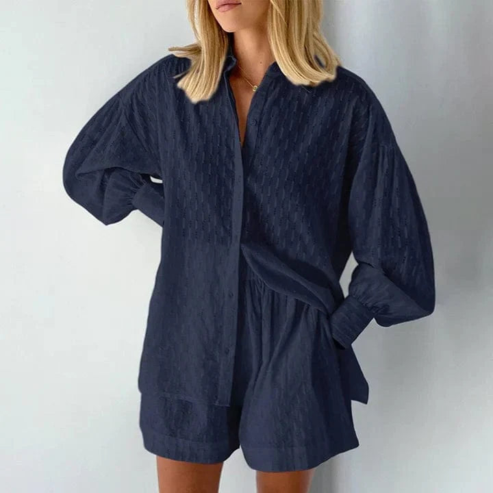 Dames Co Ord Set Katoen Zomer - Button-Up Shirt & Hoge Taille Shorts 3