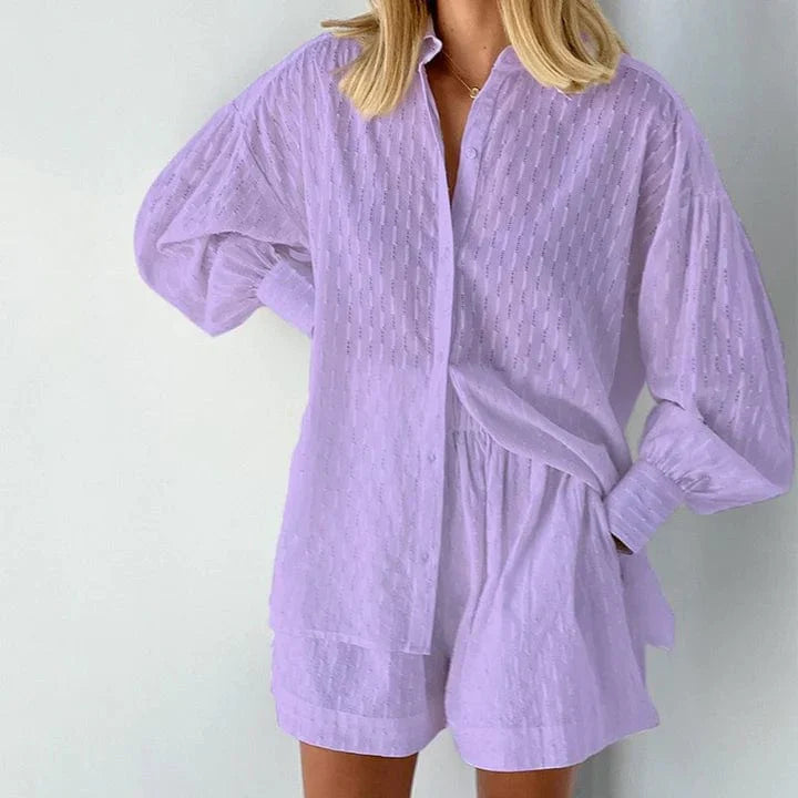 Dames Co Ord Set Katoen Zomer - Button-Up Shirt & Hoge Taille Shorts 4