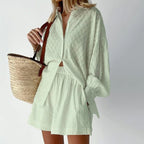 Dames Co Ord Set Katoen Zomer - Button-Up Shirt & Hoge Taille Shorts 5