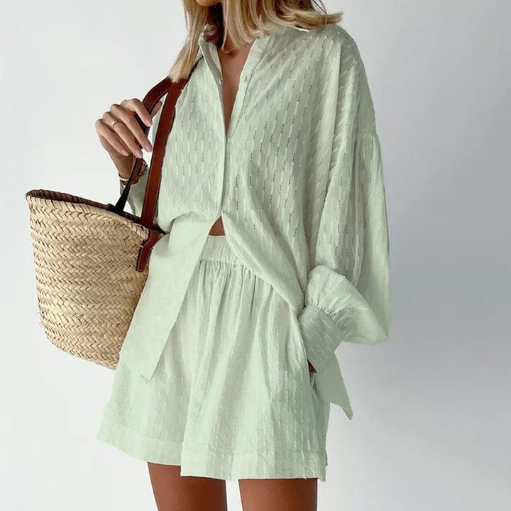 Dames Co Ord Set Katoen Zomer - Button-Up Shirt & Hoge Taille Shorts 5