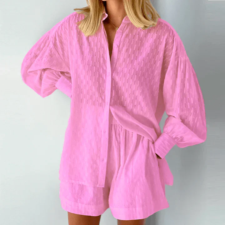 Dames Co Ord Set Katoen Zomer - Button-Up Shirt & Hoge Taille Shorts 6
