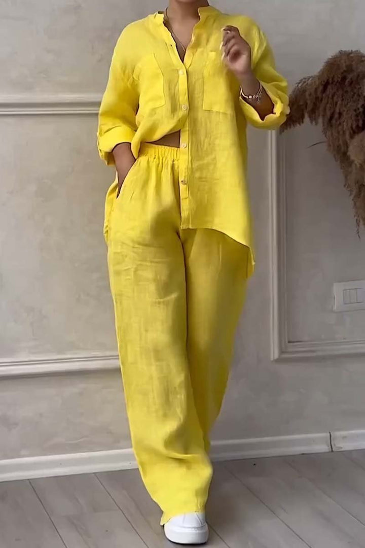 Dames Co Ord Set Linnenmix Met Button-Up Blouse En Wijde Broek 0