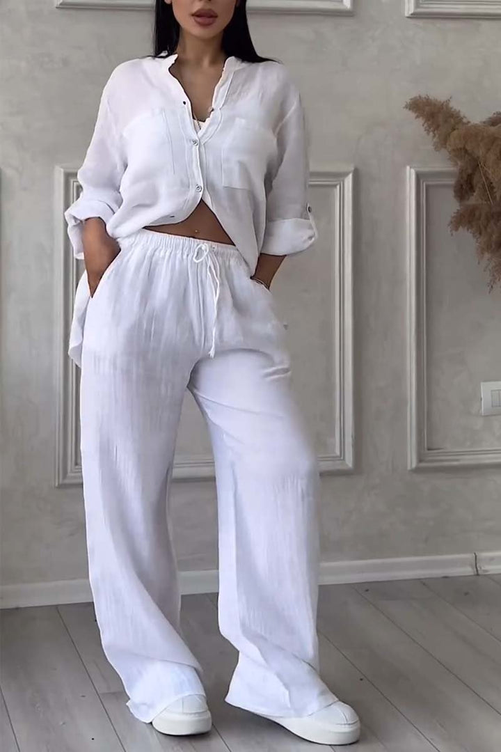 Dames Co Ord Set Linnenmix Met Button-Up Blouse En Wijde Broek 1