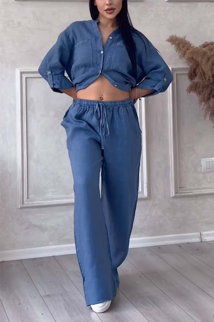 Dames Co Ord Set Linnenmix Met Button-Up Blouse En Wijde Broek 2