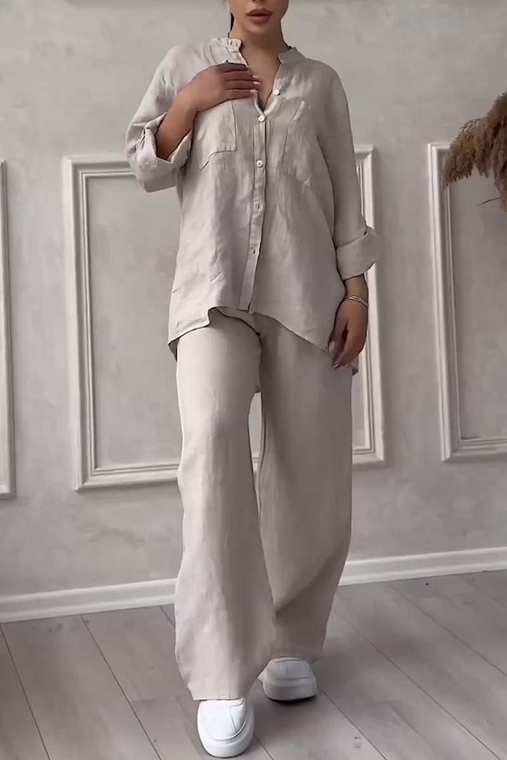 Dames Co Ord Set Linnenmix Met Button-Up Blouse En Wijde Broek 3