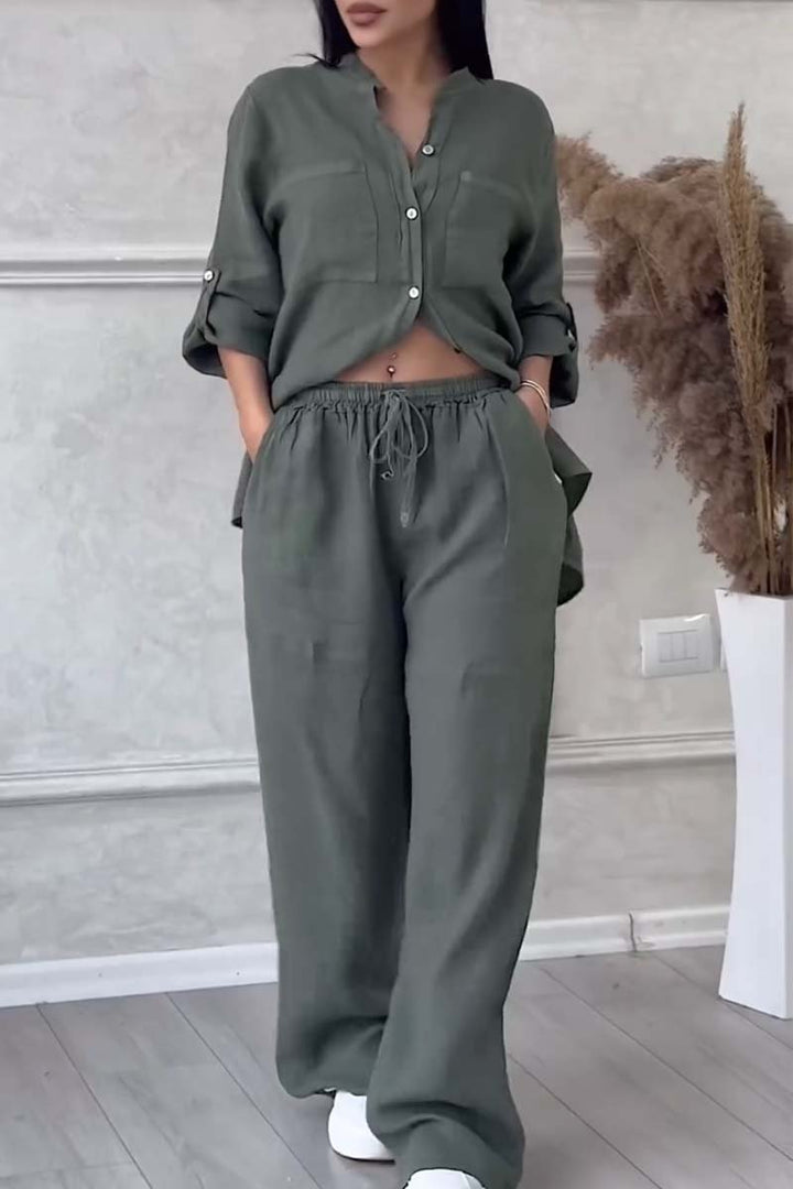Dames Co Ord Set Linnenmix Met Button-Up Blouse En Wijde Broek 4