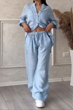 Dames Co Ord Set Linnenmix Met Button-Up Blouse En Wijde Broek 5