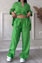 Dames Co Ord Set Linnenmix Met Button-Up Blouse En Wijde Broek 6