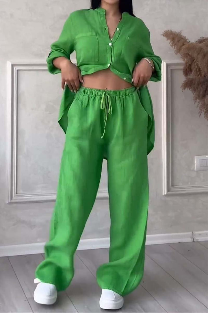 Dames Co Ord Set Linnenmix Met Button-Up Blouse En Wijde Broek 6