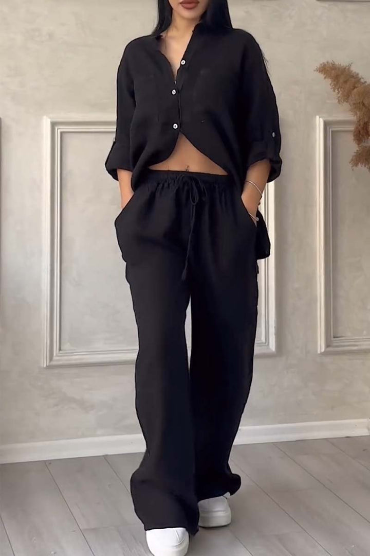 Dames Co Ord Set Linnenmix Met Button-Up Blouse En Wijde Broek 7