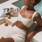 Dames Co Ord Set Ribbelstof Crop Top en Hoge Taille Shorts 0