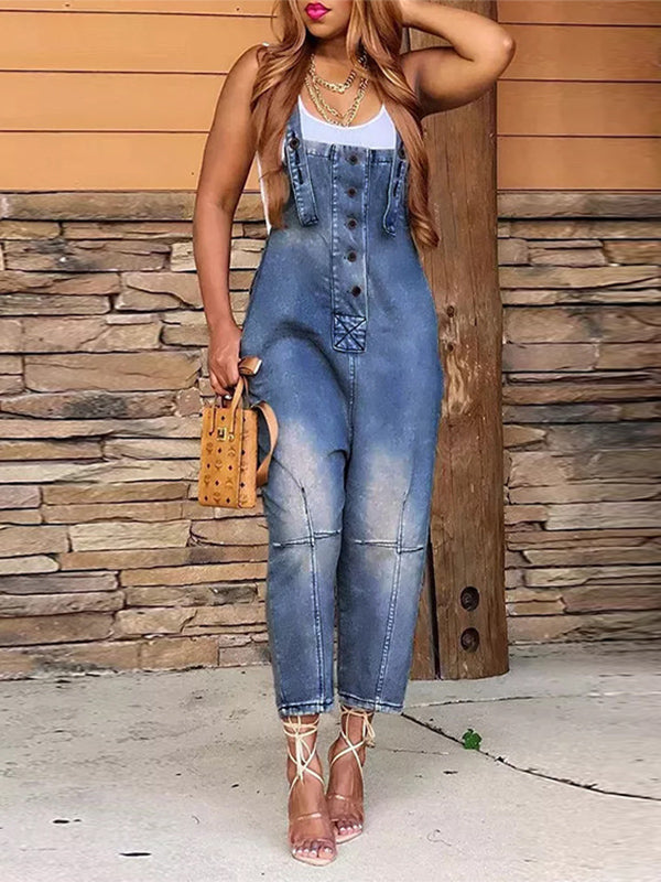 Dames Denim Cropped Overalls Katoen 0