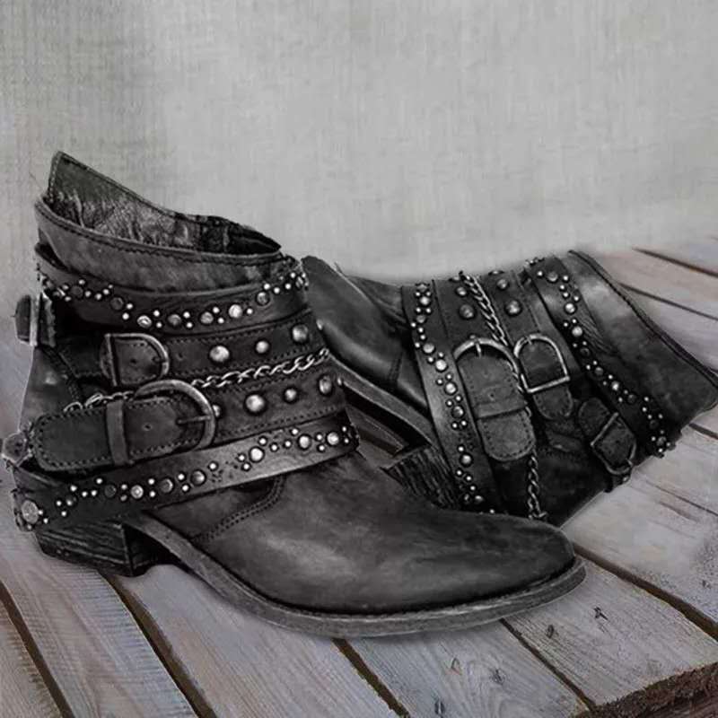 Dames Enkellaarsjes Leer met Studs en Kettingdetails 1