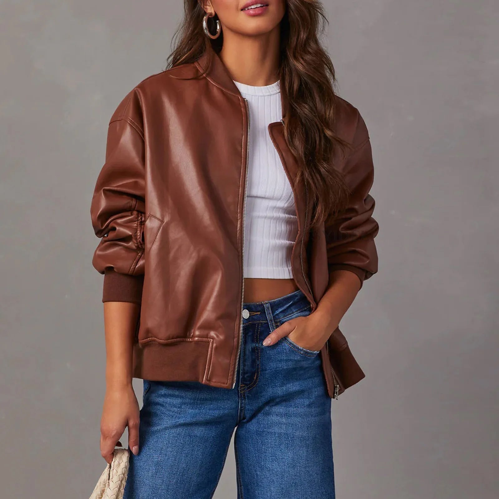 Dames Jas PU-Leren Oversized Met Ritsluiting 3