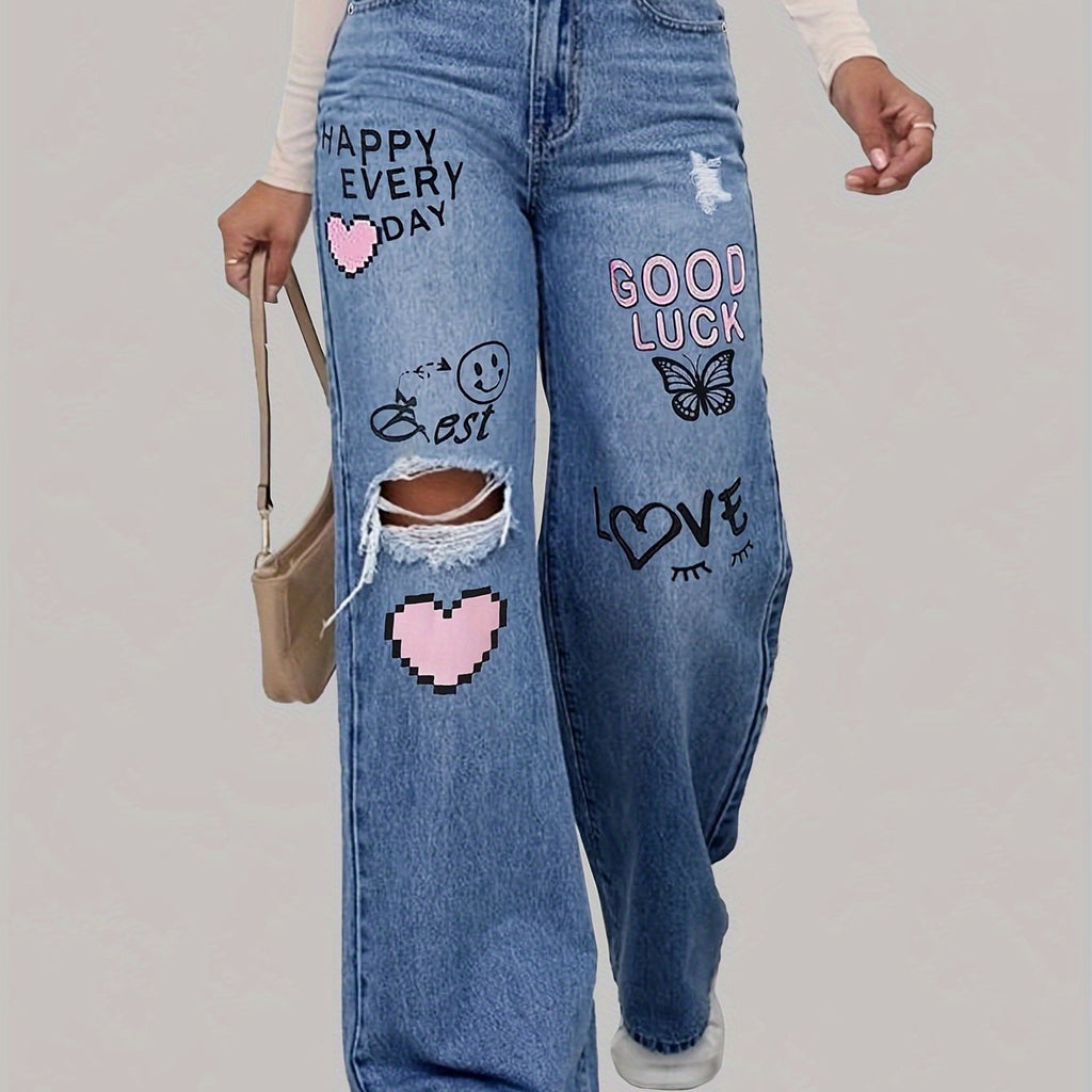 Dames Jeans met Hart- en Graffiti Print – Comfortabele Spijkerbroek 0