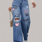 Dames Jeans met Hart- en Graffiti Print – Comfortabele Spijkerbroek 0