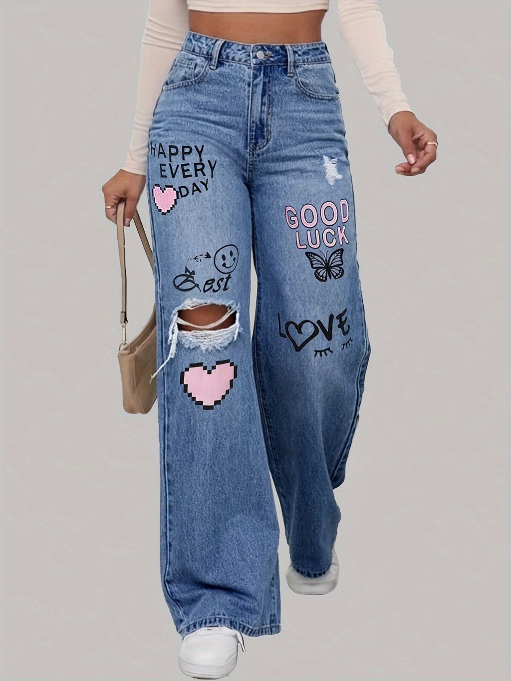 Dames Jeans met Hart- en Graffiti Print – Comfortabele Spijkerbroek 1